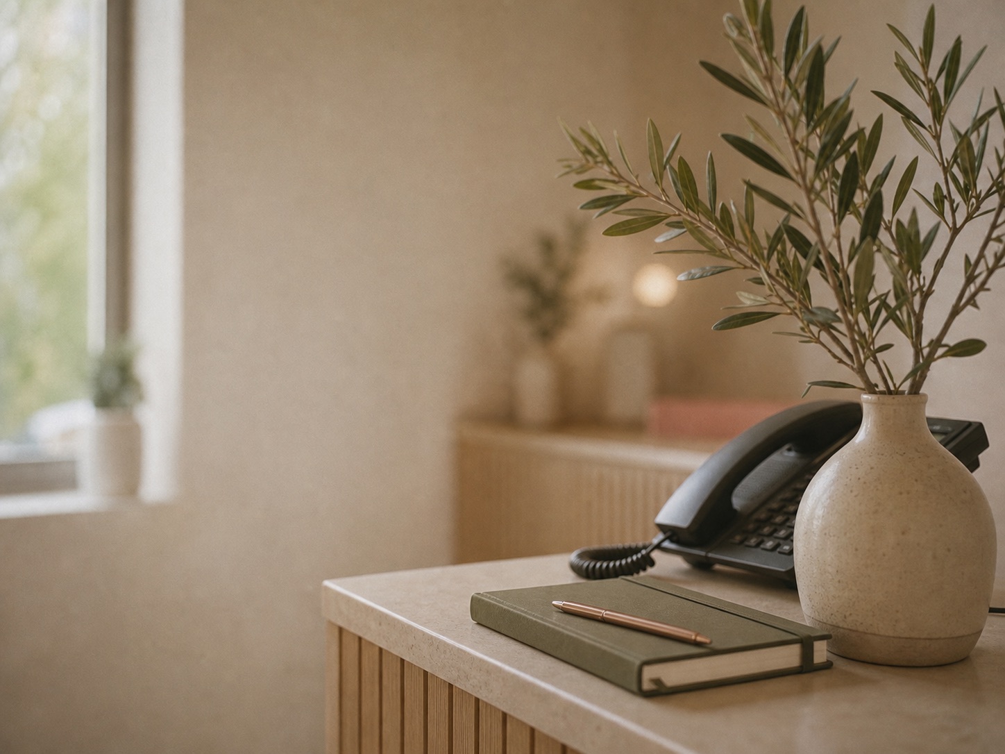 Telefon, Notizbuch und Olivenzweige fuer die Terminabstimmung im Gesundheitszentrum Eggenberg
