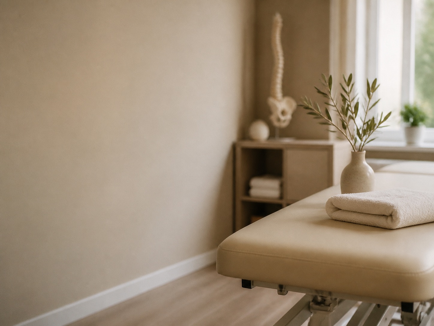 Heller Therapieraum mit Behandlungsliege und Olivenzweigen im Gesundheitszentrum Eggenberg